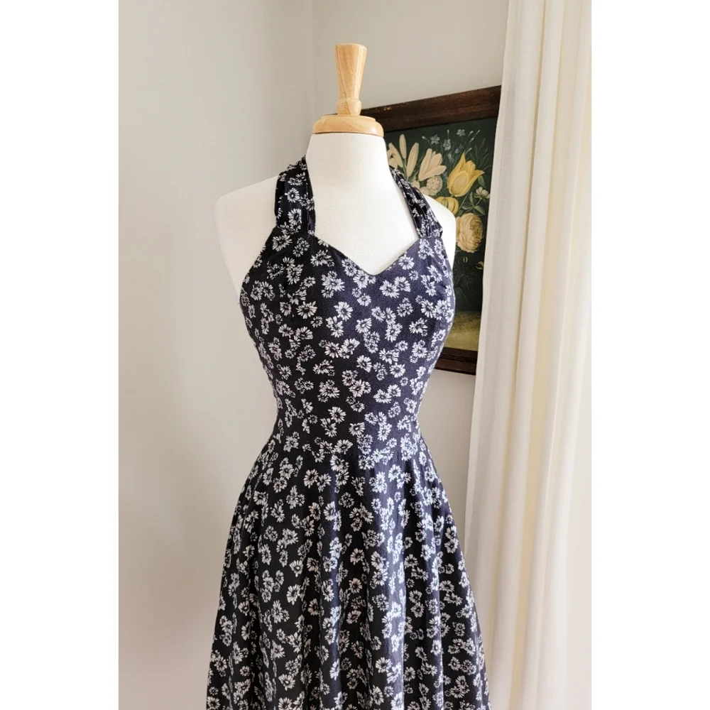90s Black Floral Sweetheart Halter Open Back 1990 Vintage Fit & Flare Midi Dress - Picture 5 of 10